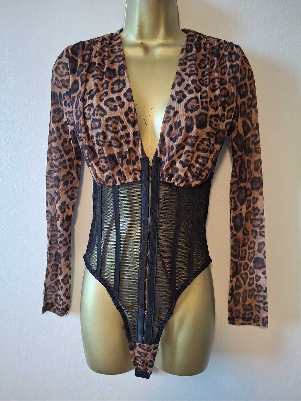 Leopard Print Mesh Corset Bodysuit - Brown/Black
